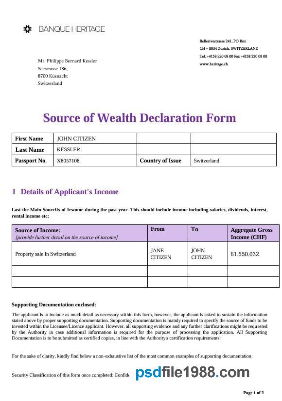 Switzerland Source of Wealth Declaration Heritage Bank